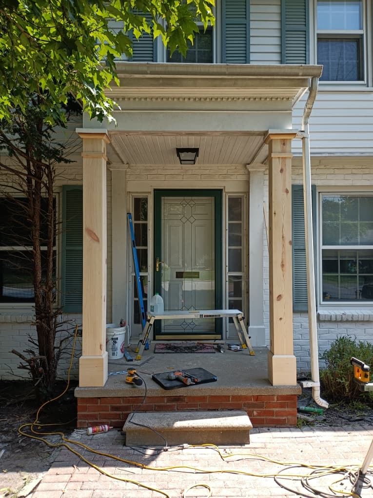 Custom front-porch columns and trim carpentry by Maceri Woodworking